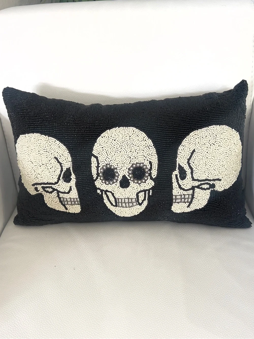 Skull Hand Beaded Black White Halloween Pillow